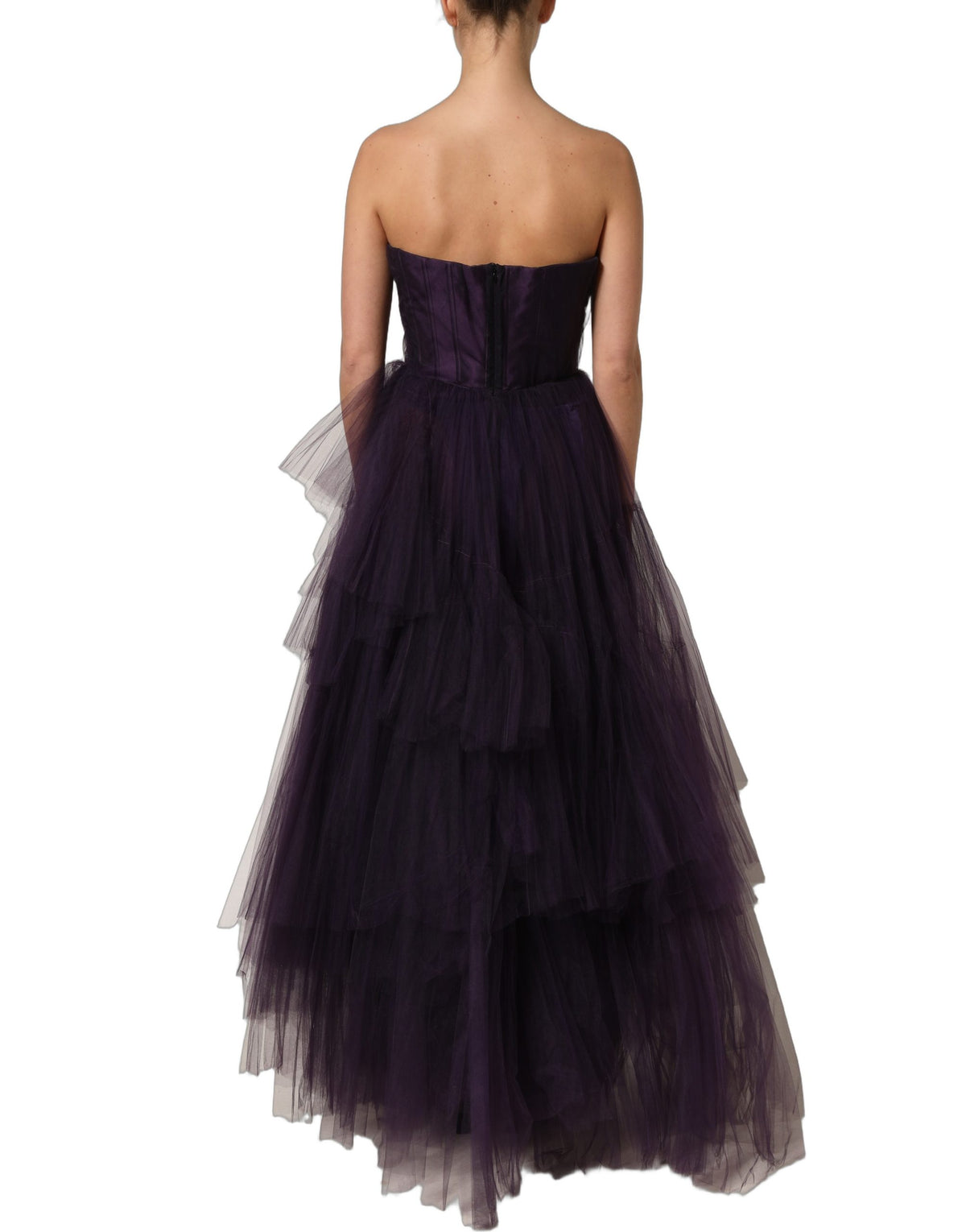 DOLCE & GABBANA Purple Tiered Tulle Silk Long Gown Dress