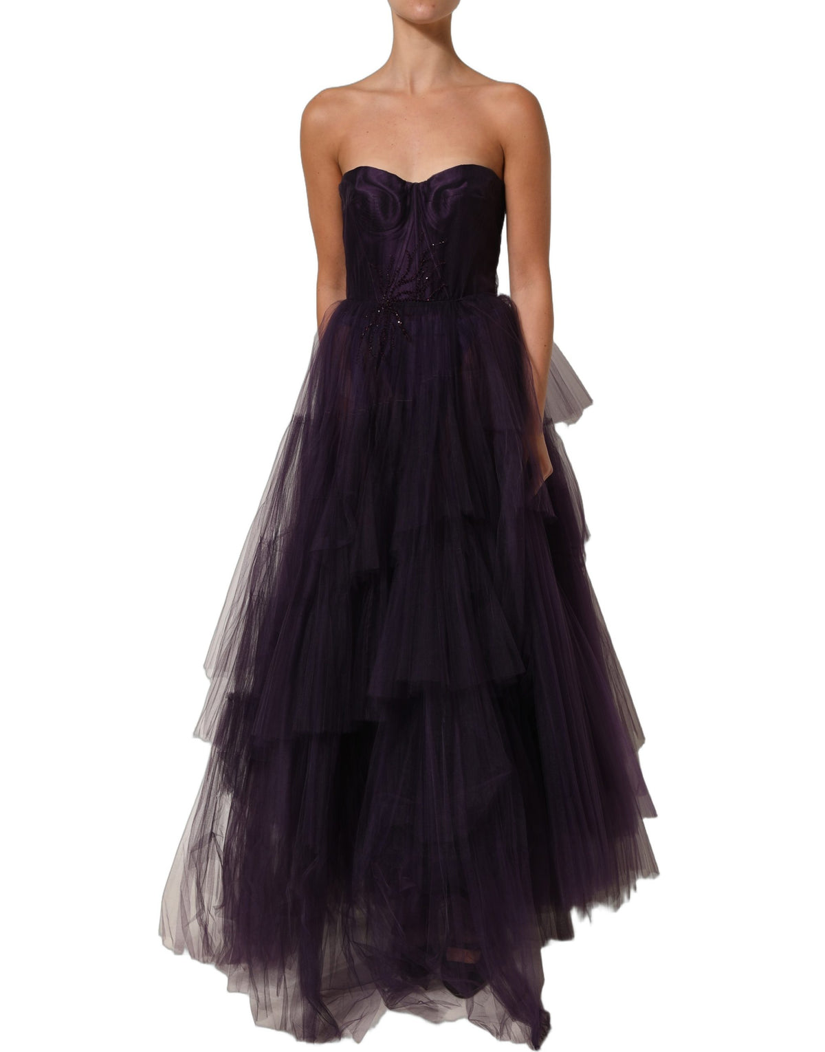 DOLCE & GABBANA Purple Tiered Tulle Silk Long Gown Dress